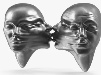 Dual-Face Sculpture with Kiss Motif Silver 3D model