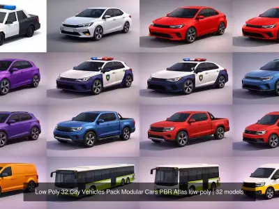 Low Poly 32 City Vehicles Pack Cars Pickups PBR Atlas low-poly