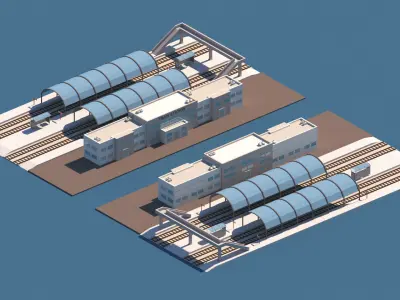 Cartoon Low Poly Train Station Package Low-poly 3D model