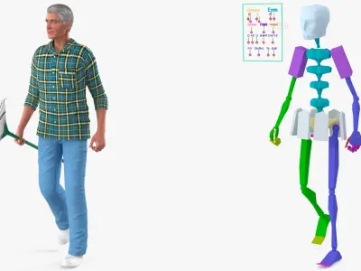 Grey-Haired Man in Plaid Shirt with Rake Rigged  purchase 3D model
