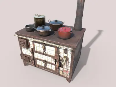 Old Stove With Pots 3D model