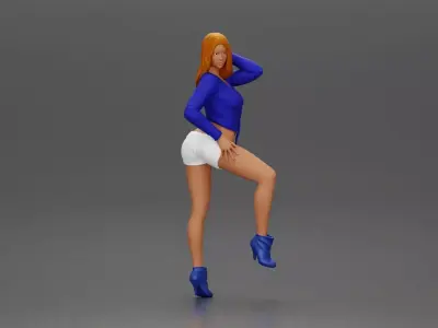 Woman in blue top and white shorts posing on a motorbike 3D print model
