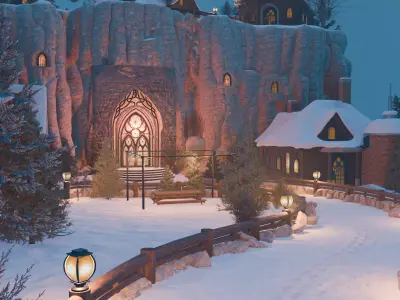 Winter Village On A Cliff 3D model