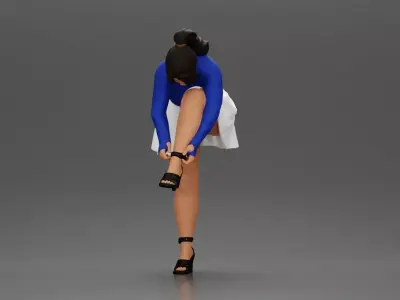 Young woman in skirt adjusts her elegant black high heeled shoes 3D print model