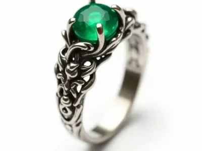 Celtic Emerald Ring 3D Model - Ornate Silver Jewelry Low-poly 3D model