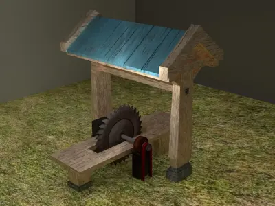 Sawmill wooden bench with wheel Low-poly 3D model
