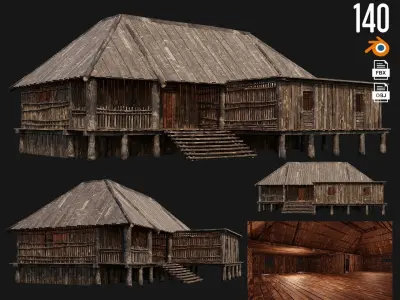 4 Old Wooden Houses Pack 4K Textures GameReady 137 to 140 Low-poly 3D model