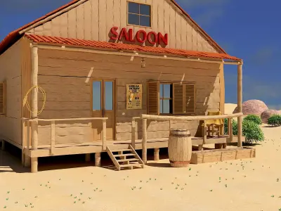 Western saloon in desert Low-poly 3D model