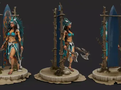 Native american warrior woman with axe high poly resolution 3D model