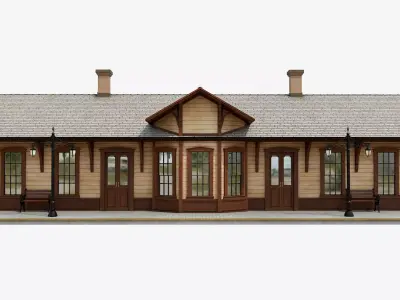 Vintage Wooden Train Station Low-poly 3D model