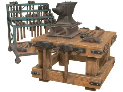 Anvil with Ironwork Tools and Rack 2 Low-poly 3D model