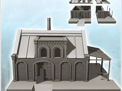 Brick industrial storage warehouse on platform with chimney and  3D print model
