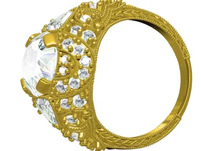 Antique Art Deco Round and Trillion Diamond Engagement Ring 3D print model