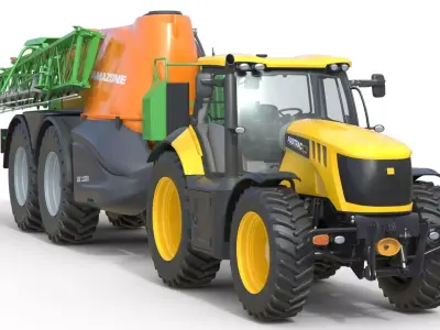 JCB Fastrac Tractor and Trailed Filed Sprayer   Low-poly 3D model