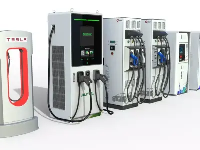 Set of fuel pumps and electric charging point 3D model