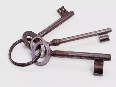 Set of Keys - 3 Rusty Skeleton Keys on Keychain Ring 3D model