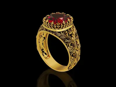 Cushion gem antique floral carving filigree ring 3D print model