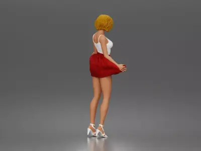 Cheerful girl twirling skirt playfully posing in strappy heels 3D print model