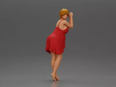Barefoot woman in red nighty dress strikes graceful elegant pose 3D print model