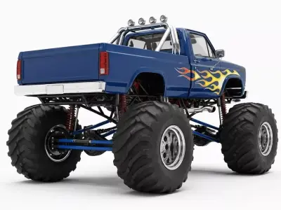 Custom Blue Monster Truck with Flame Graphics 3D model