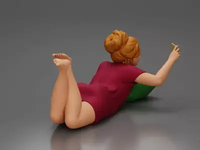 Relaxed Woman Lying on Pillow Taking a Selfie with Phone 3D print model