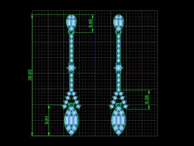 long stud earrings with round and baguette gemstones 3D print model