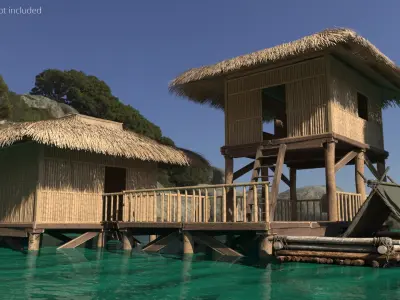 Overwater Bamboo Huts with Connecting Deck and Raft 3D model