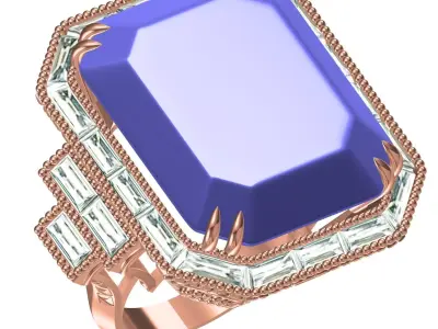 Emerald Stone Baguette Halo Cocktail Ring for Women 3D print model