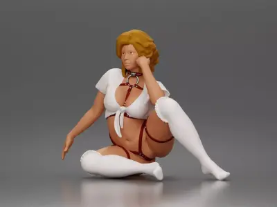 Kneeling woman wearing strappy harness lingerie garter stockings 3D print model