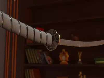 Katana sword flying in sky over city Free low-poly 3D model