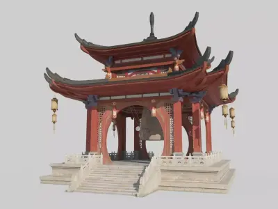 Asian ancient architecture luxury pavilion copper clock 3D model