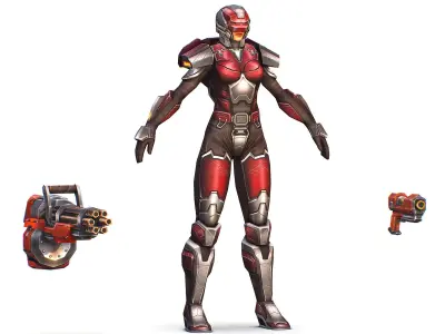 Cartoon Sci-Fi Cyborg Drone Heavy Machine Gunner Low-poly 3D model 2
