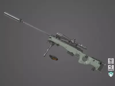 Sniper Rifle 03 Green Rigged All PBR Unity UE Textures Low-poly 3D model