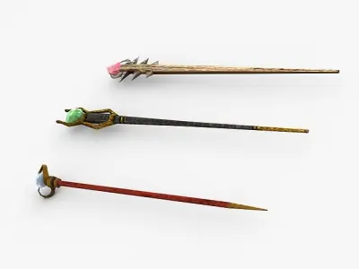 Low poly Staffs golden wand with gemstone Low-poly 3D model