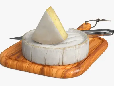 Brie Cheese Wheel on Wooden Board with Knife 3D model