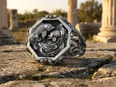 Pisces Zodiac Sign Ring Antique Relief Fish Signet 3D print model