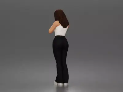 woman stands daydreaming wearing crop tank top and trousers 3D print model