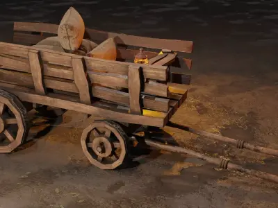 Stylized medieval cart with a lamp and bags Low-poly 3D model purchase