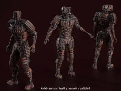 Bloody horror robot with ribbed armor plates Low-poly 3D model