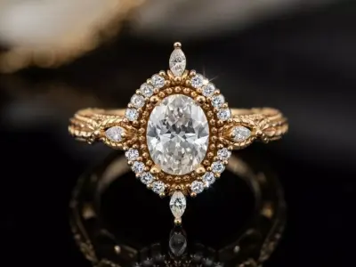 Antique Inspired Oval Diamond Ring Gold Ornate Womens Ring 3D print model