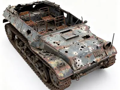 WWII German Half-Track Wreck 3D Model 3D Model Low-poly 3D model