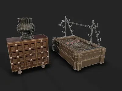 MedievalFurniture two wooden chests and vase Low-poly 3D model