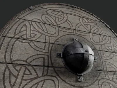 Slavic round wooden shield-painted beige with nordic symbol Low-poly 3D model