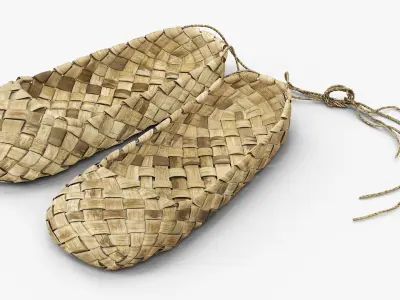 Aged Bast Shoes with Tied Laces 3D model
