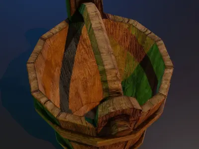 Wooden bucket with metal rings and contamination elements Low-poly 3D model