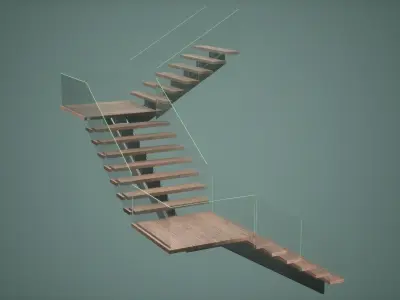 Stair Low Poly Game Ready wooden staircase with glass railing Low-poly 3D model