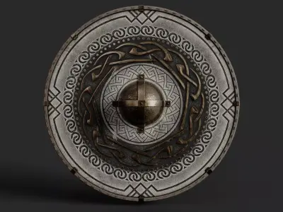 Slavic round leather shield-painted black and white with golden  Low-poly 3D model