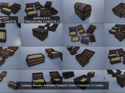 Lowpoly Wooden Animated Treasure Chests Collection 3D Model Pack