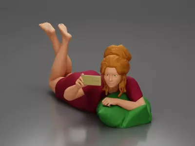 Relaxed Woman Lying on Pillow Taking a Selfie with Phone 3D print model