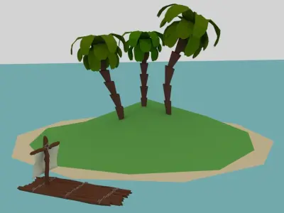 Wooden Raft with island Low-poly 3D model